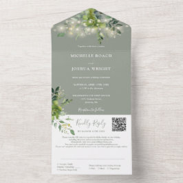 グリーンのストリングライトのQRコード セージグリーンのウェディング オールインワン招待状