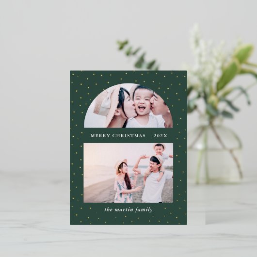 グリーンのスノーグローブクリスマスフォト 箔シーズンポストカード (立ち正面)