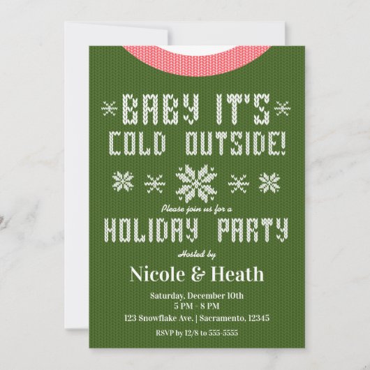 グリーンのセーターでクリスマスパーティーを盛り上げよう Baby It's Cold Outside 招待状 (正面)