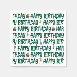 グリーンのタイポグラフィHappy Birthdayパターン スタンダードカクテルナプキン