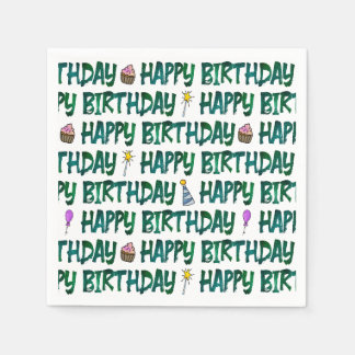 グリーンのタイポグラフィHappy Birthdayパターン  スタンダードカクテルナプキン