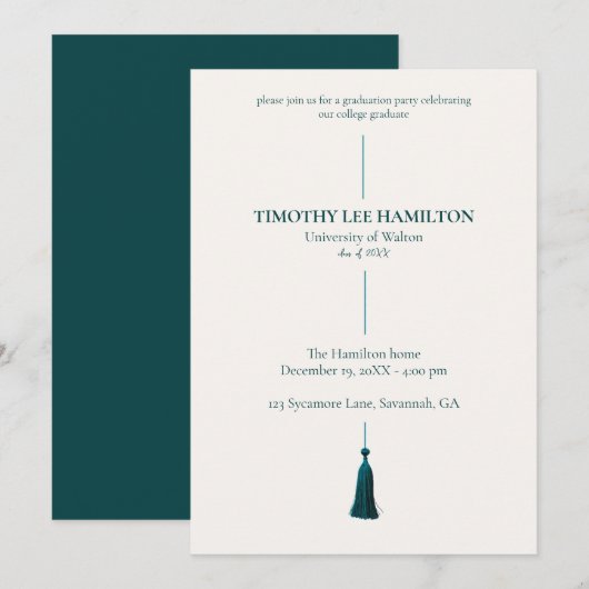 グリーンのタッセル付き卒業パーティー招待状 招待状 (正面/裏面)