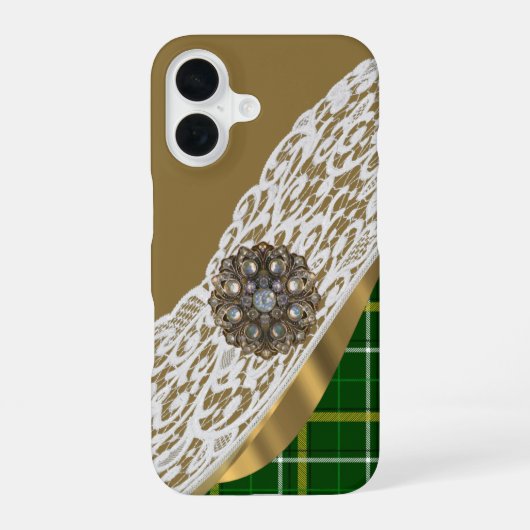 グリーンのタータンチェックレース iPhone 16ケース (裏面)