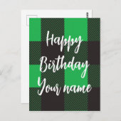 グリーンのチェック柄 ハッピーバースデー ポストカード (正面/裏面)