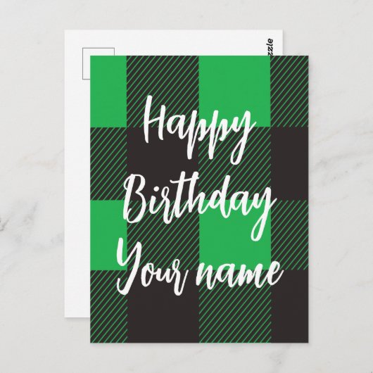 グリーンのチェック柄 ハッピーバースデー ポストカード (正面/裏面)