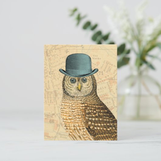 グリーンのデービー帽をかぶったヴィンテージのフクロウ ポストカード (スタンド正面)