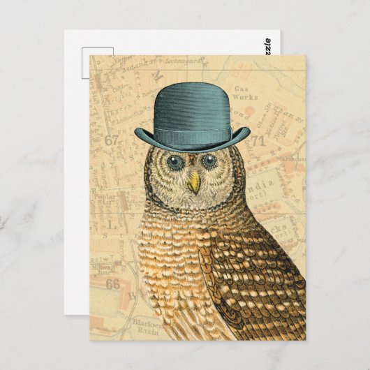 グリーンのデービー帽をかぶったヴィンテージのフクロウ ポストカード (正面/裏面)