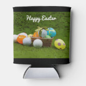 グリーンのバスケットにボールと卵を入れたゴルフイースター 缶クーラー (正面)