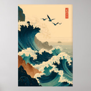 グリーンのビンテージジャパニーズスタイルのオーシャンウェーブ ウォールアート