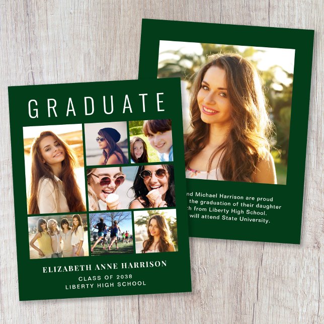 グリーンのフォトコラージュ卒業お知らせ（お手頃価格） (Photo Collage Green Budget Graduation Announcement)