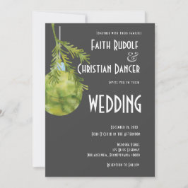 グリーンのモダンなクリスマスオーナメントのウェディング 案内状