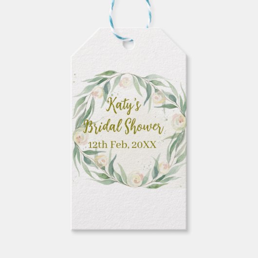 グリーンのユーカリの花のブライズシャワーの日付 ギフトタグ (正面)