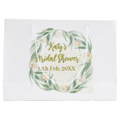 グリーンのユーカリの花のブライズシャワーの日付 ラージペーパーバッグ (裏面)