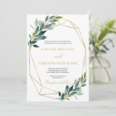 グリーンのユーカリの葉 ゴールド幾何学 ウェディング 招待状 (スタンド正面)