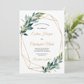 グリーンのユーカリ ゴールド ジオメトリック ウェディング インビテーション (スタンド正面)