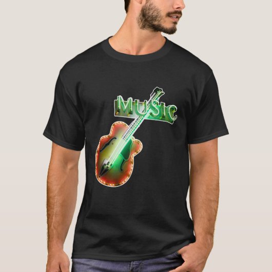 グリーンのレトロなビンテージ・ベースギター音楽ネオンサイン Tシャツ (正面)