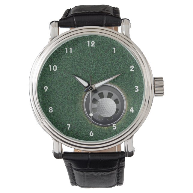 グリーンの上にゴルフカップとボール 腕時計 (正面)