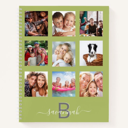 グリーンの写真コラージュ モノグラム 現代の日記 ノートブック (正面)