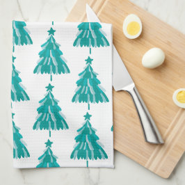 グリーンの冬の森のクリスマスツリー キッチンタオル