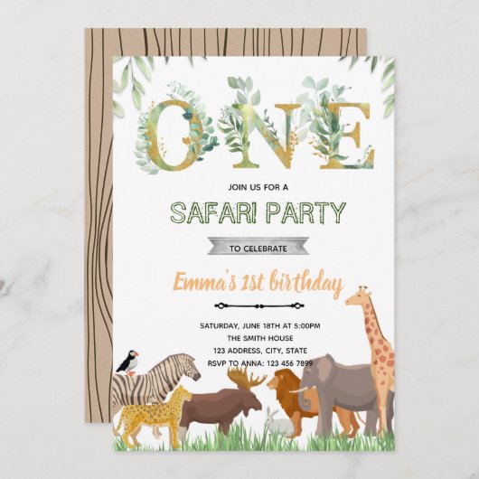 グリーンの動物園パーティテーマの招待状 招待状 (正面/裏面)