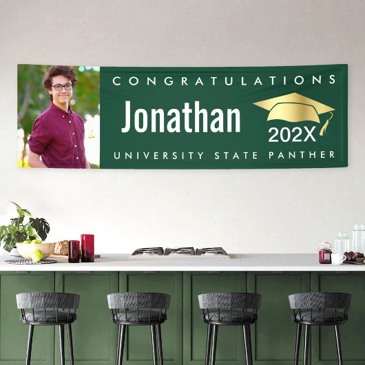 グリーンの卒業写真金ゴールドモダンはっきりしたキャップ 横断幕