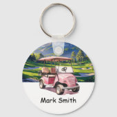 グリーンの女性ゴルファーのためのピンクゴルフカート キーホルダー (正面)