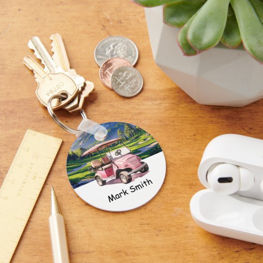 グリーンの女性ゴルファーのためのピンクゴルフカート キーホルダー (デスク)