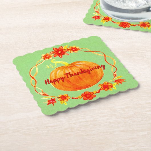 グリーンの感謝祭の水色かぼちゃのマッチング ペーパーコースター (アングル)