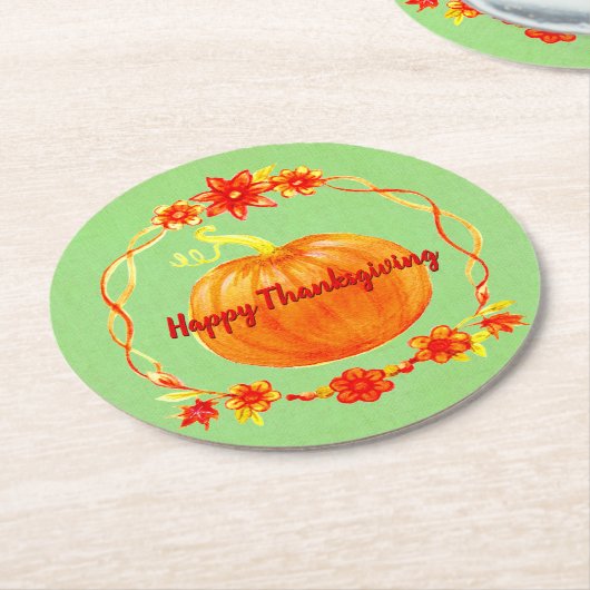 グリーンの感謝祭の水色かぼちゃのマッチング ラウンドペーパーコースター (アングル)