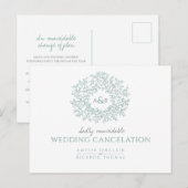 グリーンの手描きの葉のモノグラム ウェディング キャンセレーション 案内ポストカード (正面/裏面)