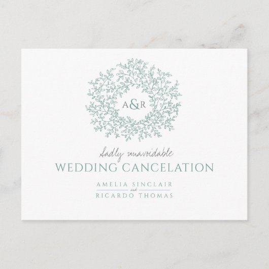 グリーンの手描きの葉のモノグラム ウェディング キャンセレーション 案内ポストカード (正面)