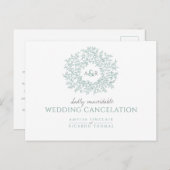 グリーンの手描きの葉のモノグラム　結婚式　キャンセル 案内ポストカード (正面/裏面)