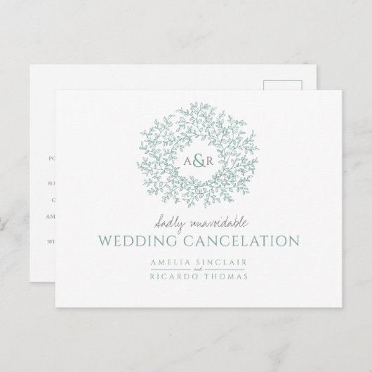 グリーンの手描き葉のモノグラム結婚式キャンセルカード 案内ポストカード (正面/裏面)