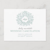 グリーンの手描き葉のモノグラム結婚式キャンセルカード 案内ポストカード (正面)