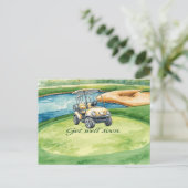 グリーンの文字とボールでゴルフ早く良い ポストカード (スタンド正面)