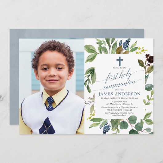 グリーンの水彩画とほこりっぽい青い少年の聖体拝領の写真 招待状 (正面/裏面)