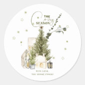 グリーンの水彩画風で優しいヴィンテージクリスマスのシーン ラウンドシール (正面)