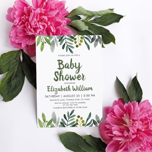 グリーンの水彩画 葉の植物学 ベビーシャワー 招待状