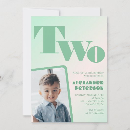 グリーンの第2の誕生日招待状彼のためのレトロ写真 招待状 (正面)