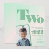 グリーンの第2の誕生日招待状彼のためのレトロ写真 招待状 (正面/裏面)