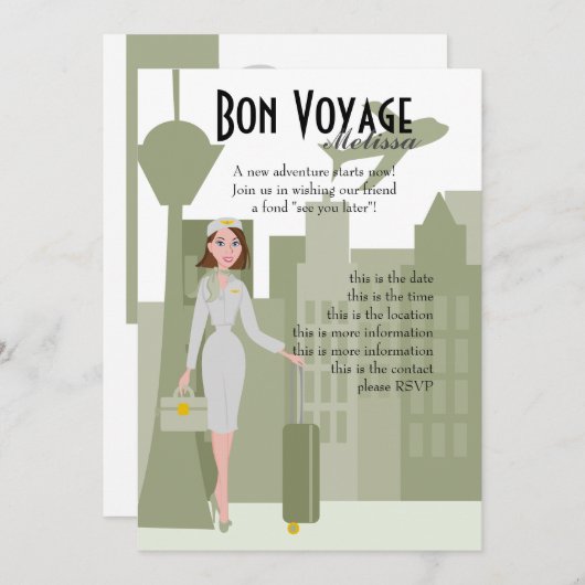 グリーンの素晴らしいフライト付き添い人招待状 招待状 (正面/裏面)