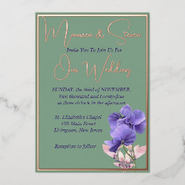 グリーンの紫の結婚花 箔招待状