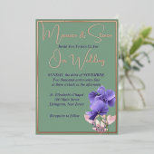 グリーンの紫の結婚花 箔招待状 (立ち正面)