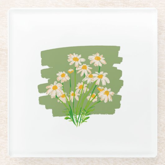 グリーンの背景に描かれたレトロな花柄デザイン ガラスコースター (正面)