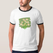 グリーンの背景に描かれたレトロな花柄デザイン Tシャツ (正面)
