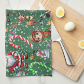 グリーンの背景のクリスマスの装飾パターン キッチンタオル (四つ折り)