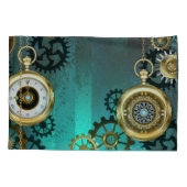 グリーンの背景のスチームパンクジュエリー時計 枕カバー (裏面-左)