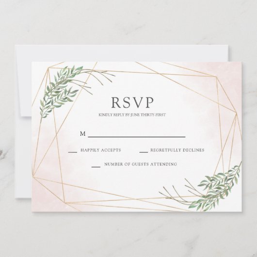 グリーンの葉とバラ色のウェディング出欠確認 招待状 (正面)