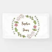 グリーンの葉とピンクの花のブライダルシャワー ウェルカム