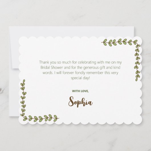 グリーンの葉とピンクの花のブライダルシャワー サンキューカード (裏面)